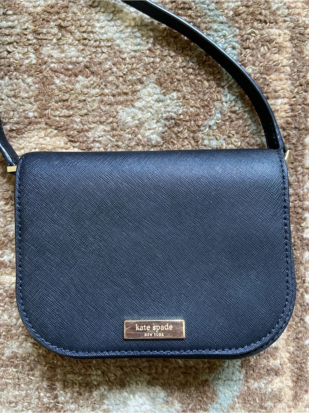 kate spade black crossbody with gold logo plaque